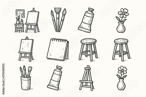 Flower easel atelier room sketchbook vector icons icon stool home setup artistic