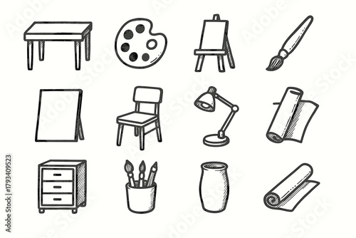 Vector items atelier icon lamp roll chair canvas home easel palette icons