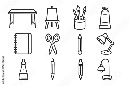 Paint tools easel atelier lamp tube jar brush workspace home icon icons