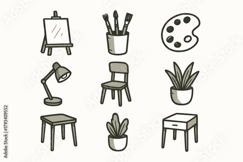 Brush vector cup atelier stand icons canvas home studio plant essentials icon