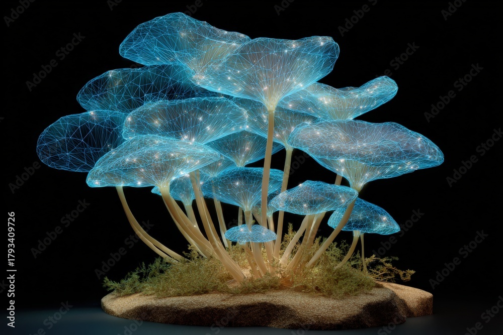Naklejka premium Glowing bioluminescent mushrooms in dark setting
