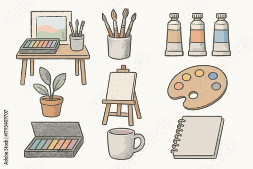 Icon atelier pastel home plant icons art vector brushes palette cup easel