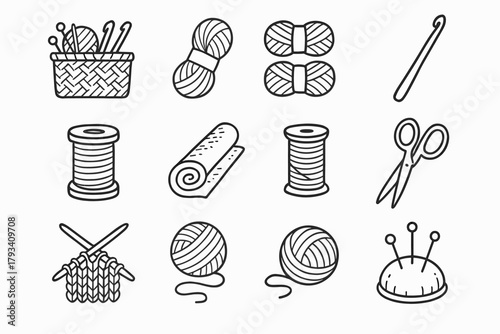 Yarn knitting skeins collection scissors supplies roll crochet icon fabric vector pins