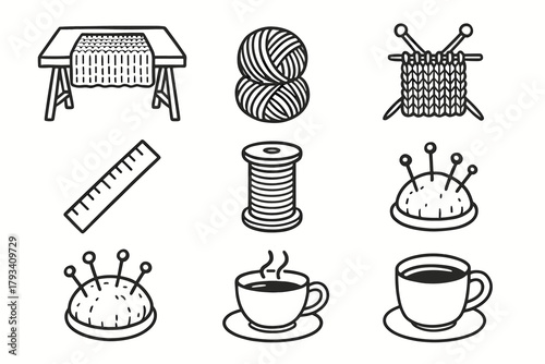 Workspace knitting icon tea icons spool cup pin cushion table crafting vector