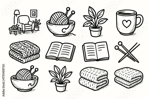 Notebook icons mug plant knitting cozy vector yarn blanket folded needles icon