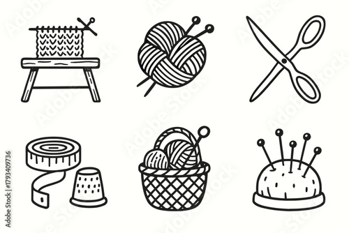 Table yarn icon wool scissors knitting icons measuring thimble skein vector basket