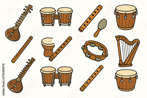 Icon shaker tambourine music sitar harp vector traditional flute bongo world icons