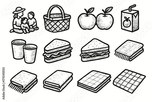Box picnic icon vector icons elements cups family juice apples basket collection