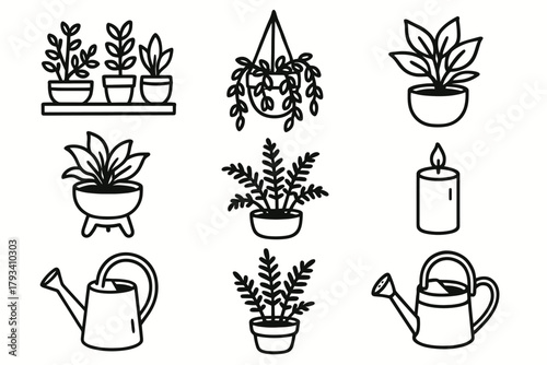 Pot small arrangement ceramic vector aesthetic icon set plant candle can