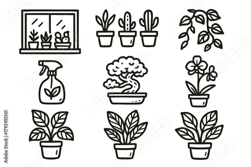 Plant bonsai water garden set vector leafy icon windowsill orchid small vine