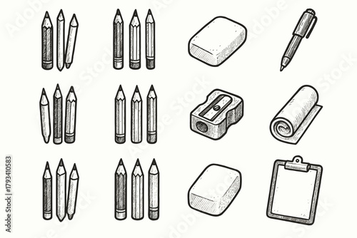 Icons tools pen art eraser kit pencils paper clipboard roll vector sketching