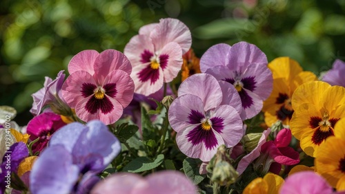 Colorful pansies in bloom with vibrant purple, yellow, and pink flowers, displaying a variety of shades and patterns. Bright garden flowers with lush green background.