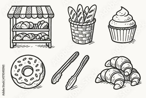 Croissant donut basket display bakery set setup cupcake icon tray vector