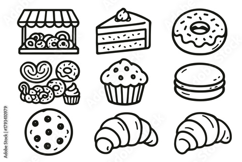 Sweet muffin cake cookie bakery icon macaron slice vector croissant assortment