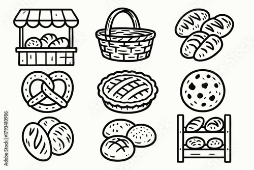Bread basket shelf vector setup bakery cookie icon rolls market wicker set