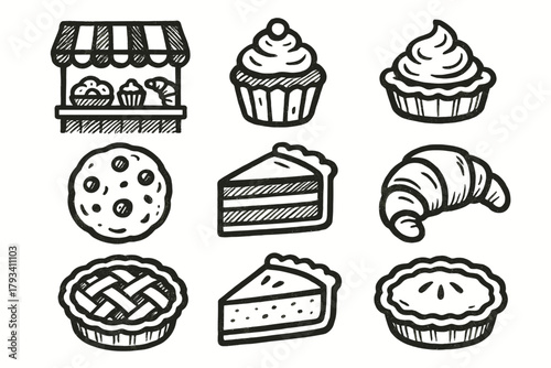 Crust cupcake set icon sweet counter slice bakery croissant vector cake tart