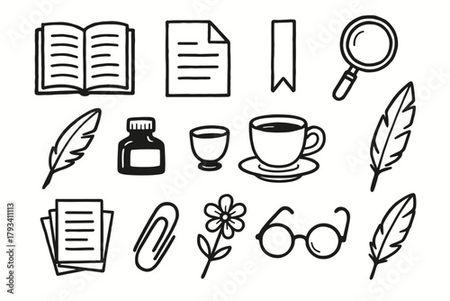 Vector open bottle flower modern pen corner glasses icon pressed bookmark stationery
