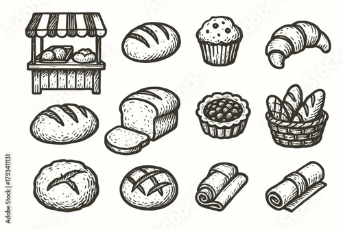 Vector muffin baked roll rustic tart napkin croissant bakery bread basket icon