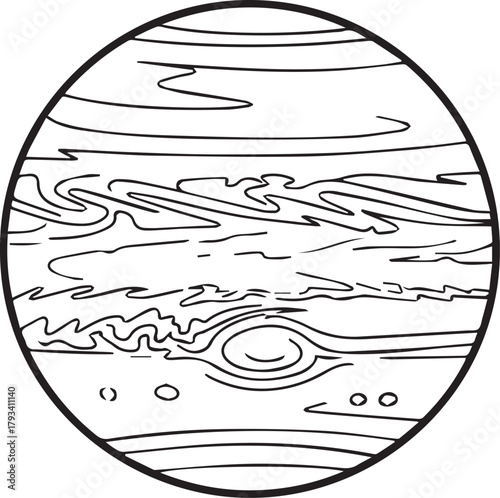 Stylized illustration of a gas giant planet with swirling bands and a prominent storm.