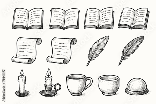 Literature curled icon vector paper paperweight cup drawn quill hand set sketch