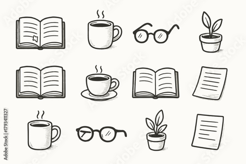 Note set scene loose cozy cup sheet open small book vector icon