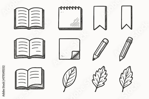 Set vector materials leaf dried paper sketchbook reading icon bookmark pencil book