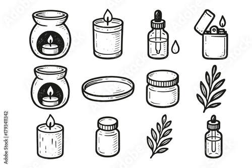 Leaf icons corner vector small candle icon wax branch oil bottle jar
