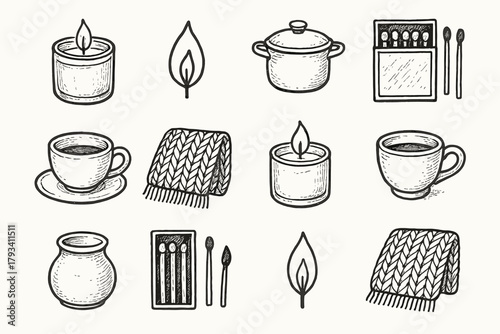 Icon matches corner vector icons candle flame details cloth small tea knitted