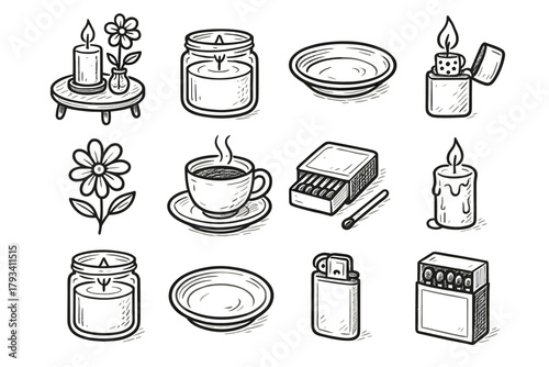 Plate icon cup cozy vector candle table decor lighter matchbox flower