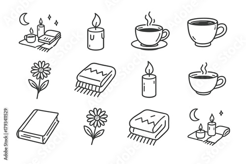 Icons burning night icon book corner vector setup flower peaceful candle