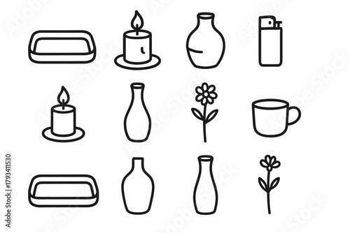 Icon stem tray candle vase flower cup single decor corner vector icons