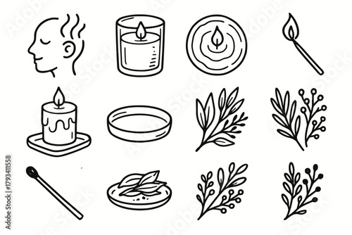 Glass candle aromatherapy tray dried herbs matchstick icons icon pool vector corner
