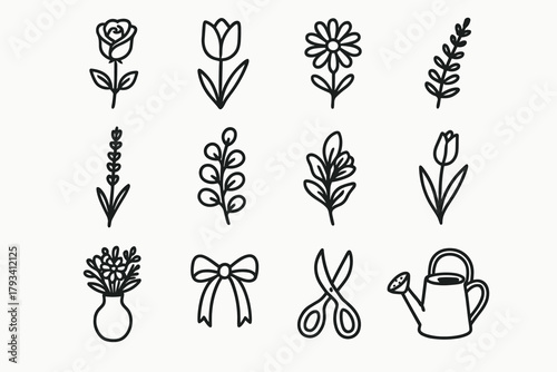 Vector tied ribbon leaf icon bow flower collection stem floral vase branch