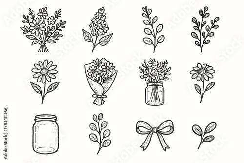 Floral jar lilac bouquet bow vector collection wrapped icon garden icons rustic