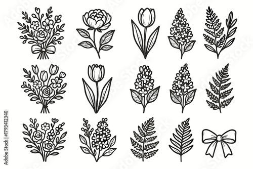 Bow icon collection icons peony bouquet lilac floral decorative vector ribbon tulip