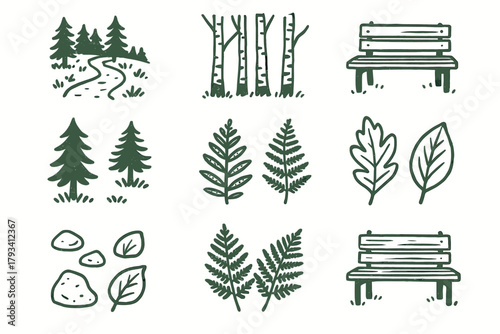 Bench walk woodland forest scenery vector small leaves birch stones icon