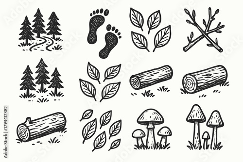 Icon twigs log leaf exploration vector nature forest mushrooms trail pattern path