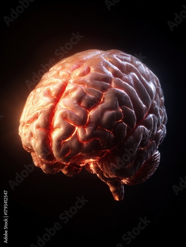 the human brain glowing with warm, orange light against a black background, symbolizing intelligence, thought, neural activity, mental health, and complex neurological science.
