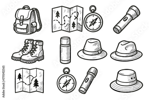 Compass icon map forest hat essentials icons flashlight boots adventure vector