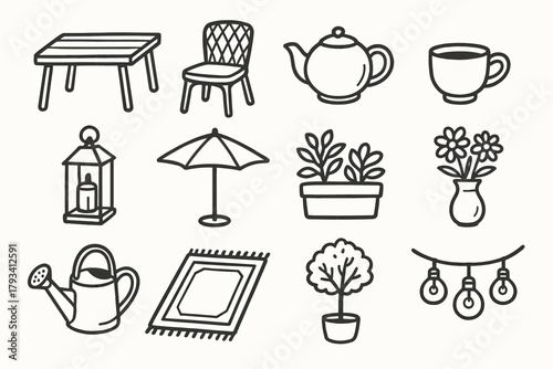 Icon patio garden vector table icons watering wicker outdoor chair teapot cup