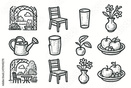 Glass icon garden terrace spring fruit vector can vase patio plate icons