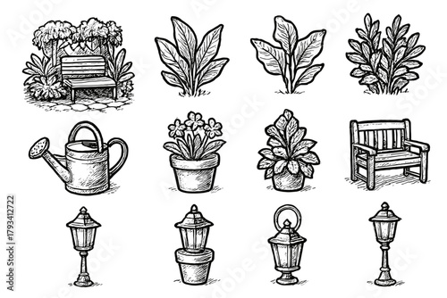 Lamp patio plants icons vector icon garden can lush leafy pot