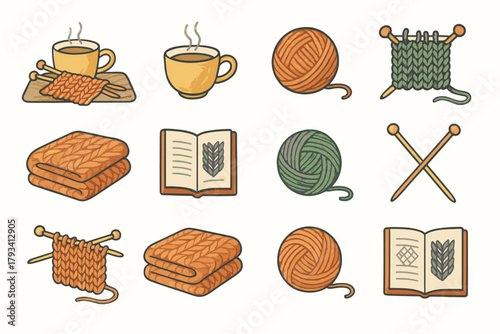Essentials setup cup blanket folded creative warm knitting yarn vector icon icons