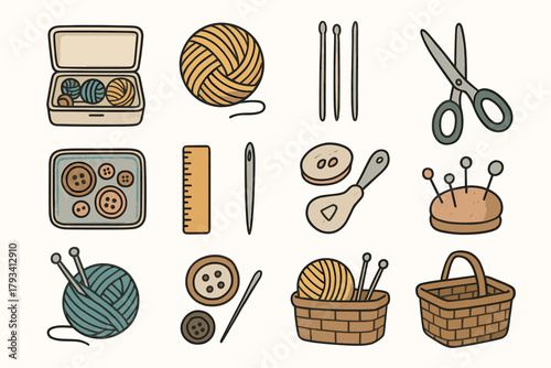 Hobby icon knitting supplies button vector pin needle threader icons skein cushion
