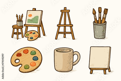 Cup easel cozy stool art palette icon studio setup brushes vector canvas
