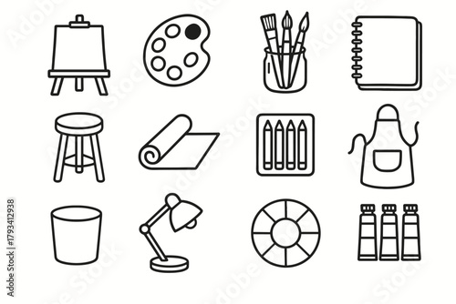 Lamp icon pencil watercolor apron set roll wheel studio art vector easel