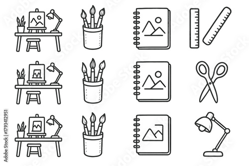 Scissors vector creative table lamp brushes art icon studio icons ruler sketchbook