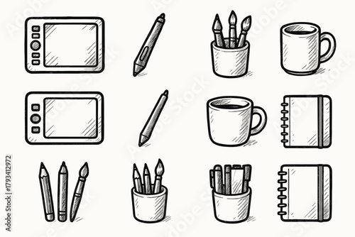 Modern drawing icon mug art pot tools creative studio notebook brush icons