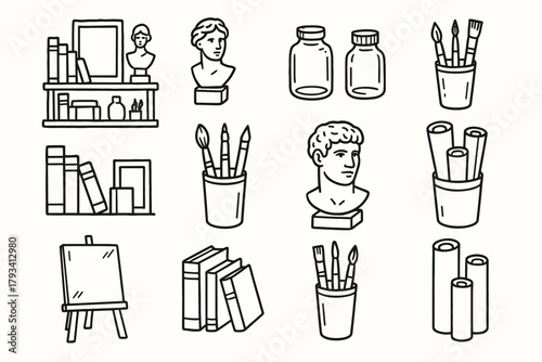 Brush sculpture art paper books setup head rolls studio shelf vector icon
