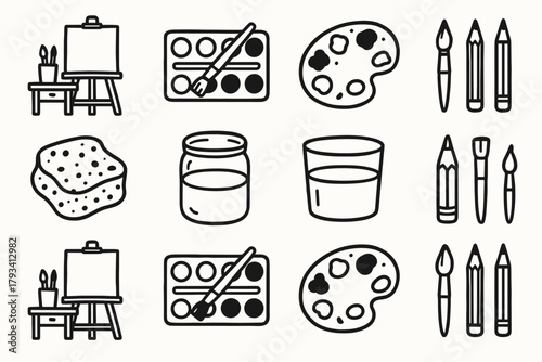 Paint art pencils vector icon workspace jar layout icons sponge tray water
